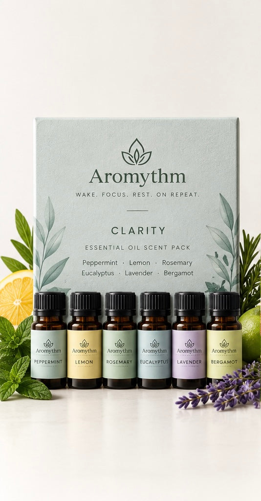 Aromythm Clarity Essential Oil Scent Pack with 6 bottles including Peppermint, Lemon, Rosemary, Eucalyptus, Lavender, and Bergamot