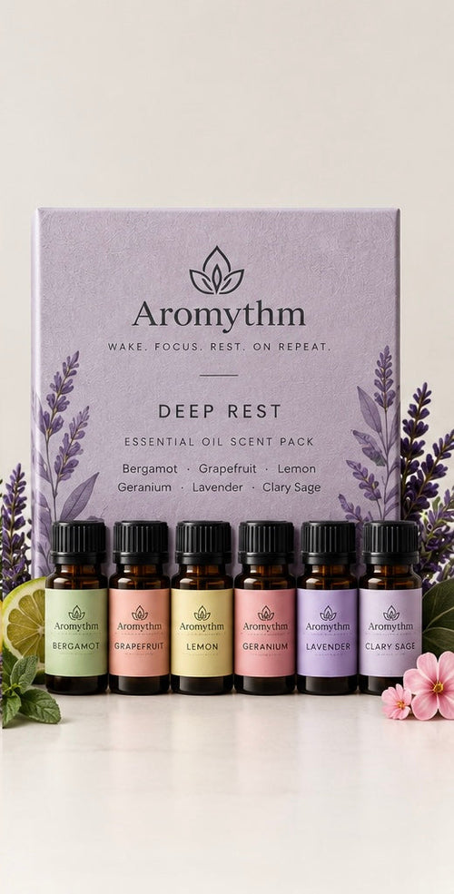 Aromythm Deep Rest Essential Oil Scent Pack with 6 bottles including Bergamot, Grapefruit, Lemon, Geranium, Lavender, and Clary Sage