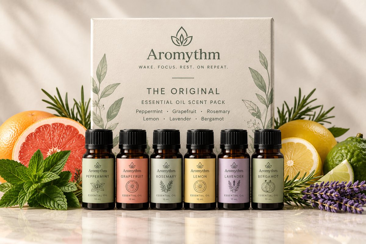 Aromythm The Original Essential Oil Scent Pack with 6 bottles including Peppermint, Grapefruit, Rosemary, Lemon, Lavender, and Bergamot