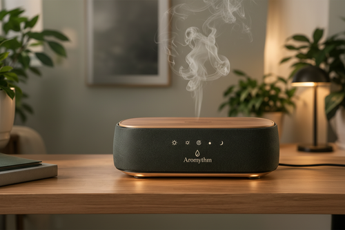Aromythm Smart Diffuser on a minimalist desk with warm ambient lighting